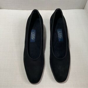 Selby Black Suede Pumps Block Heel Women's 9.5 Narrow 3A Slip On Almond Toe